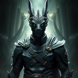 A striking Black Dragonborn in human form, featuring captivating emerald green eyes that exude strength and intelligence