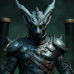 A striking Black Dragonborn in human form, featuring captivating emerald green eyes that exude strength and intelligence