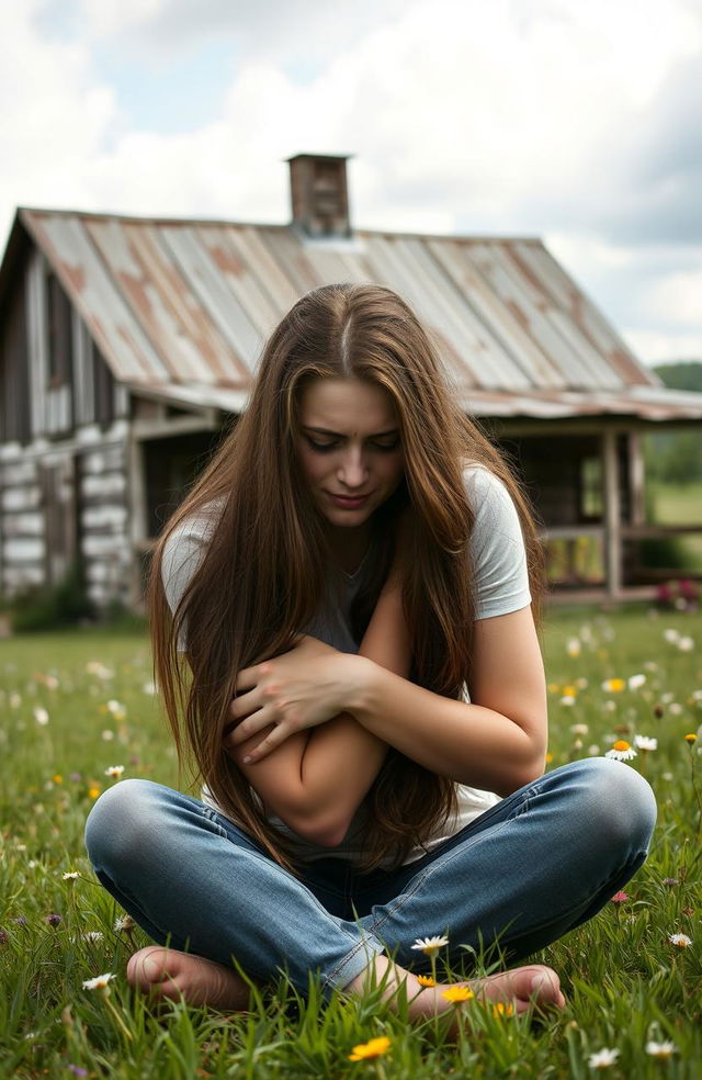 A young woman with long brown hair, sitting on the grass in front of a rustic farmhouse, hugging her knees to her chest while crying softly