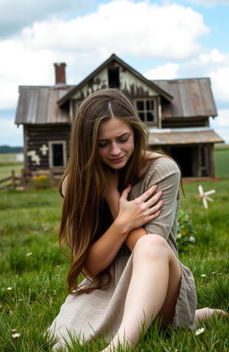 A young woman with long brown hair, sitting on the grass in front of a rustic farmhouse, hugging her knees to her chest while crying softly