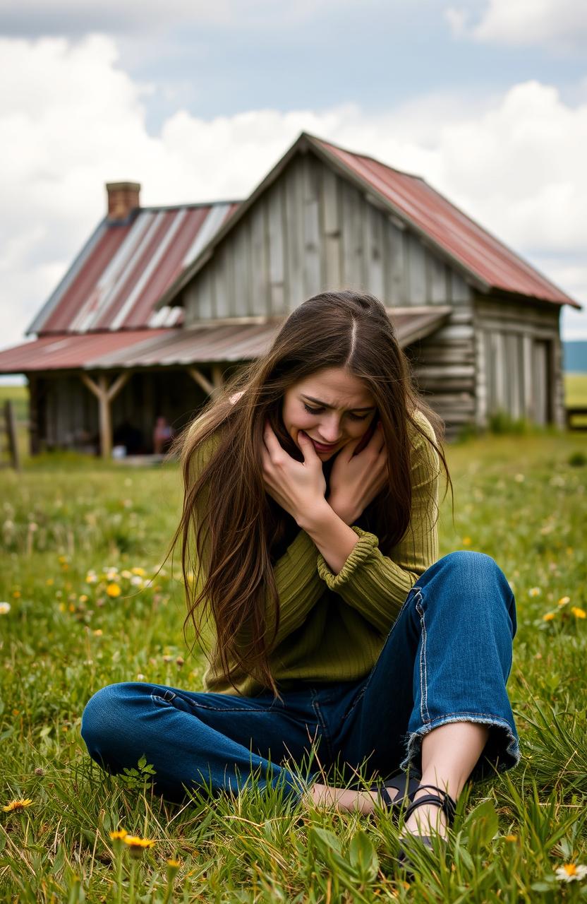 A young woman with long brown hair, sitting on the grass in front of a rustic farmhouse, hugging her knees to her chest while crying softly