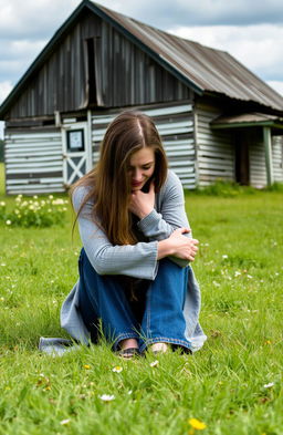 A young woman with long brown hair, sitting on the grass in front of a rustic farmhouse, hugging her knees to her chest while crying softly
