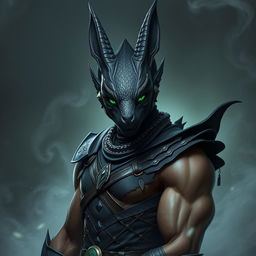 A captivating Black Dragonborn in human form, featuring striking emerald green eyes that convey a sense of mystery and allure