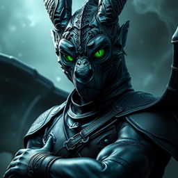 A captivating Black Dragonborn in human form, featuring striking emerald green eyes that convey a sense of mystery and allure