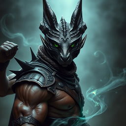 A captivating Black Dragonborn in human form, featuring striking emerald green eyes that convey a sense of mystery and allure