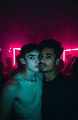 In a shadowy, gloomy bedroom illuminated by fluorescent lighting, a vibrant party atmosphere surrounds two people in the center of the composition
