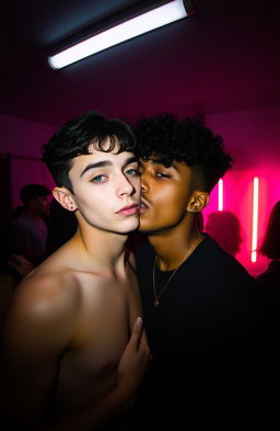 In a shadowy, gloomy bedroom illuminated by fluorescent lighting, a vibrant party atmosphere surrounds two people in the center of the composition