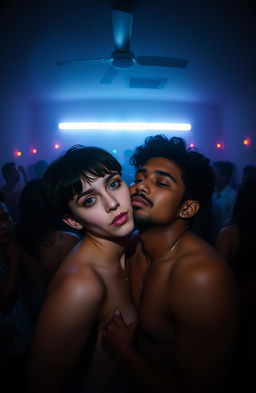 In a shadowy, gloomy bedroom illuminated by fluorescent lighting, a vibrant party atmosphere surrounds two people in the center of the composition