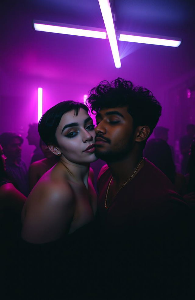 In a shadowy, gloomy bedroom illuminated by fluorescent lighting, a vibrant party atmosphere surrounds two people in the center of the composition