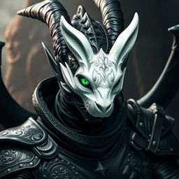 A striking Black Dragonborn in human form, showcasing mesmerizing emerald green eyes that reflect power and wisdom