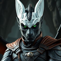 A striking Black Dragonborn in human form, showcasing mesmerizing emerald green eyes that reflect power and wisdom
