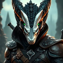 A striking Black Dragonborn in human form, showcasing mesmerizing emerald green eyes that reflect power and wisdom