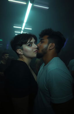 A shadowy and gloomy atmosphere with fluorescent lighting illuminating a large house party