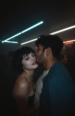 A shadowy and gloomy atmosphere with fluorescent lighting illuminating a large house party