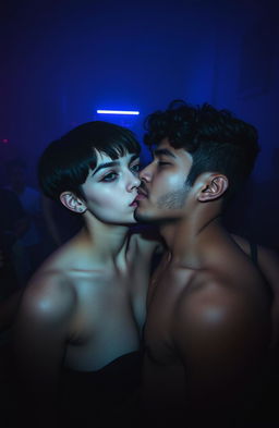 A shadowy bedroom scene during a party, filled with lots of people in the background, creating a thrilling horror atmosphere