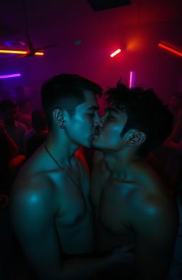 A shadowy bedroom scene during a party, filled with lots of people in the background, creating a thrilling horror atmosphere