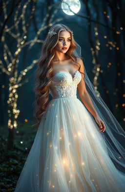 A stunning alpha luna bride standing in a mystical forest, adorned in a flowing, ethereal wedding gown that shimmers like moonlight