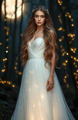 A stunning alpha luna bride standing in a mystical forest, adorned in a flowing, ethereal wedding gown that shimmers like moonlight