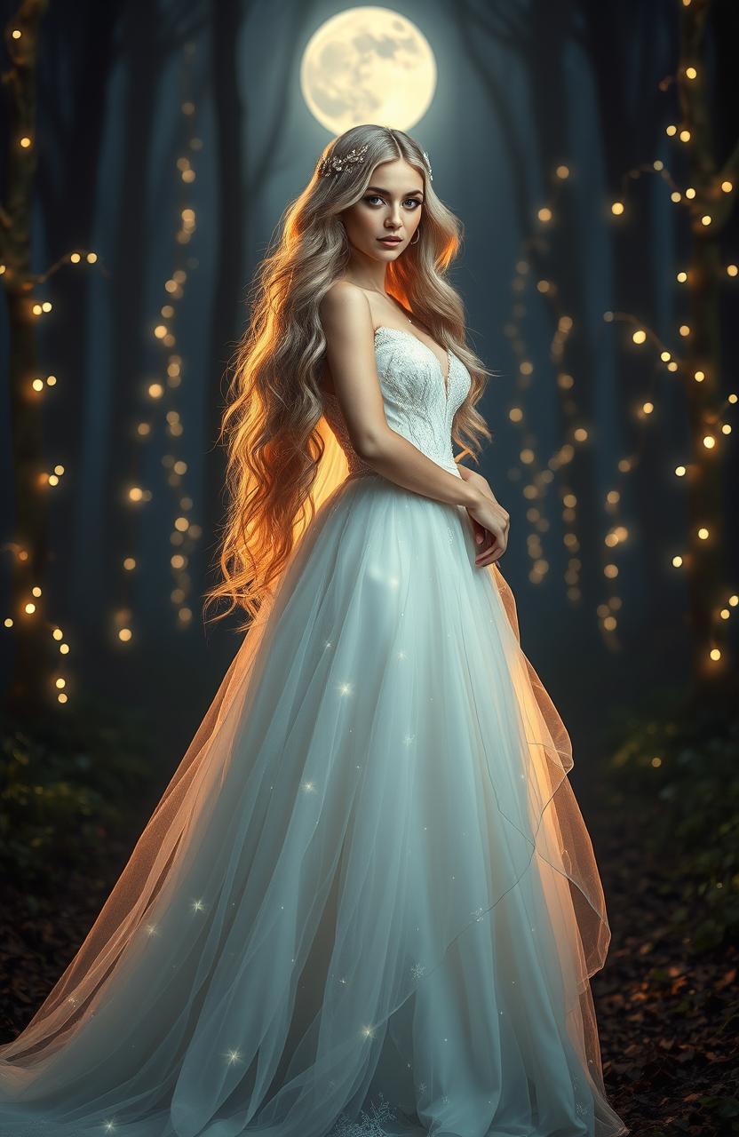 A stunning alpha luna bride standing in a mystical forest, adorned in a flowing, ethereal wedding gown that shimmers like moonlight