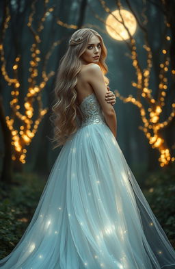 A stunning alpha luna bride standing in a mystical forest, adorned in a flowing, ethereal wedding gown that shimmers like moonlight
