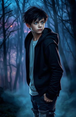 A supernatural boy aged 19 with striking features, exuding an aura of mystery and power