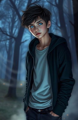 A supernatural boy aged 19 with striking features, exuding an aura of mystery and power