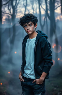A supernatural boy aged 19 with striking features, exuding an aura of mystery and power