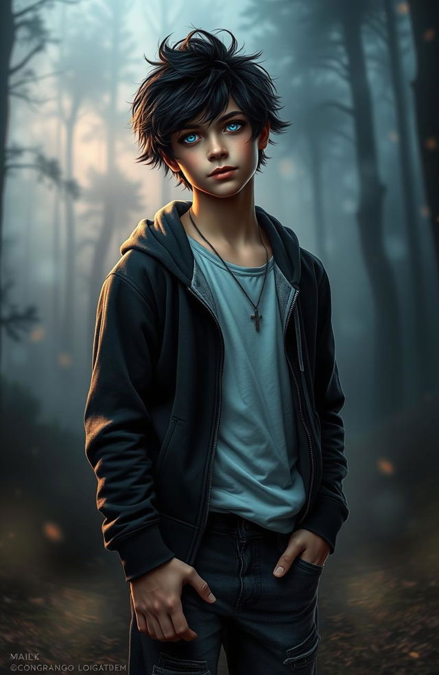 A supernatural boy aged 19 with striking features, exuding an aura of mystery and power