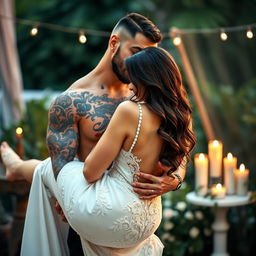 A tattooed alpha male holding a beautiful brunette bride in a romantic pose