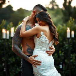 A tattooed alpha male holding a beautiful brunette bride in a romantic pose