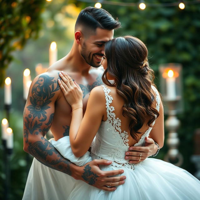 A tattooed alpha male holding a beautiful brunette bride in a romantic pose