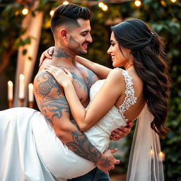 A tattooed alpha male holding a beautiful brunette bride in a romantic pose