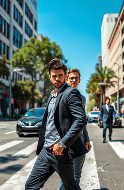 A dynamic scene at a busy crossroad featuring two men