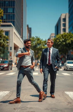 A dynamic scene at a busy crossroad featuring two men