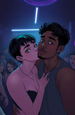 A shadowy horror-themed bedroom party scene with fluorescent lighting