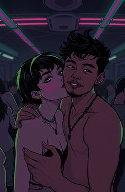 A shadowy horror-themed bedroom party scene with fluorescent lighting