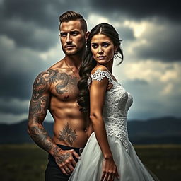A brooding tattooed alpha male standing protectively behind a beautiful brunette bride, both gazing forward with intensity