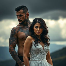 A brooding tattooed alpha male standing protectively behind a beautiful brunette bride, both gazing forward with intensity