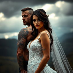 A brooding tattooed alpha male standing protectively behind a beautiful brunette bride, both gazing forward with intensity