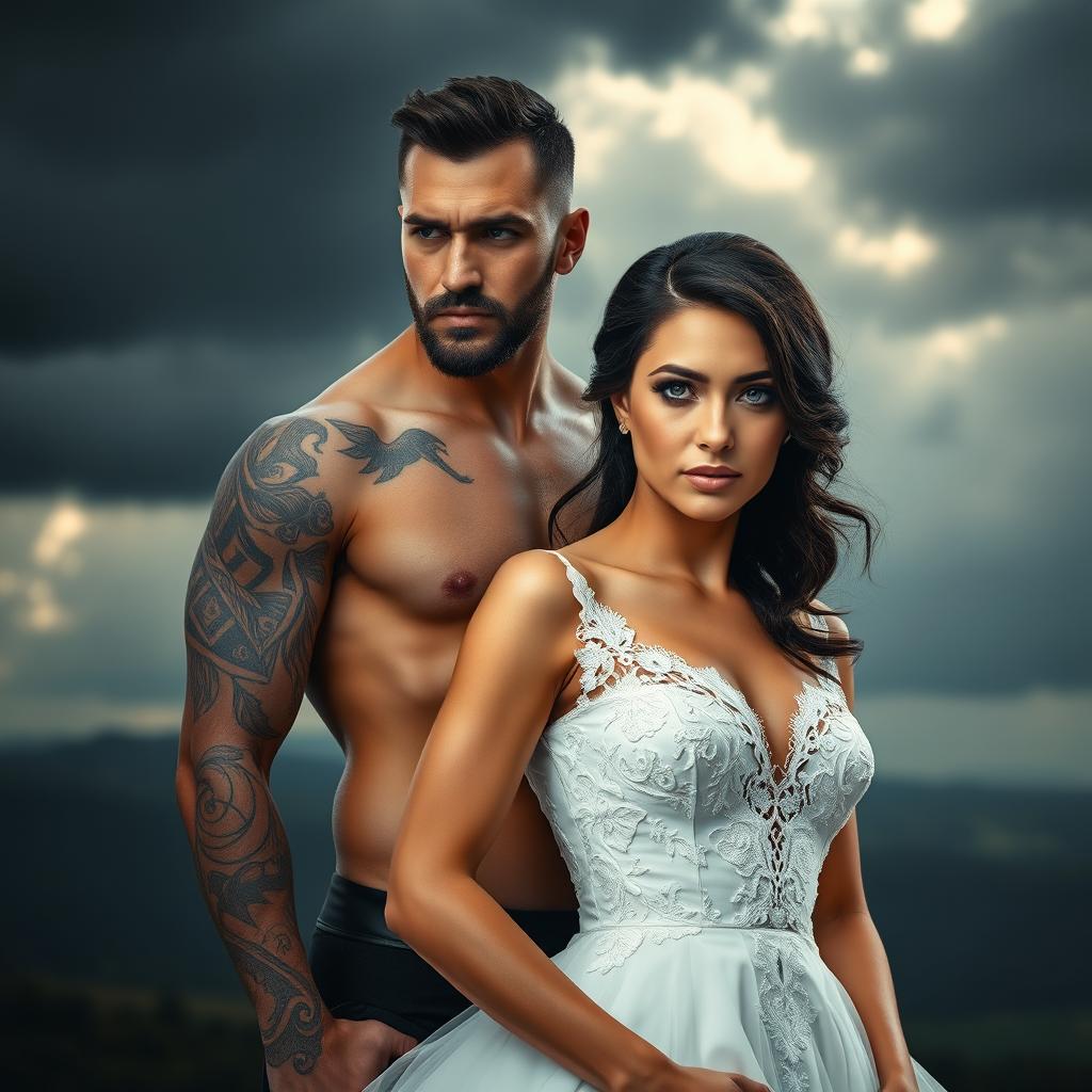 A brooding tattooed alpha male standing protectively behind a beautiful brunette bride, both gazing forward with intensity