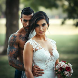 A brooding tattooed alpha male standing protectively behind a beautiful brunette bride, both looking directly at the camera with intensity