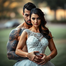A brooding tattooed alpha male standing protectively behind a beautiful brunette bride, both looking directly at the camera with intensity