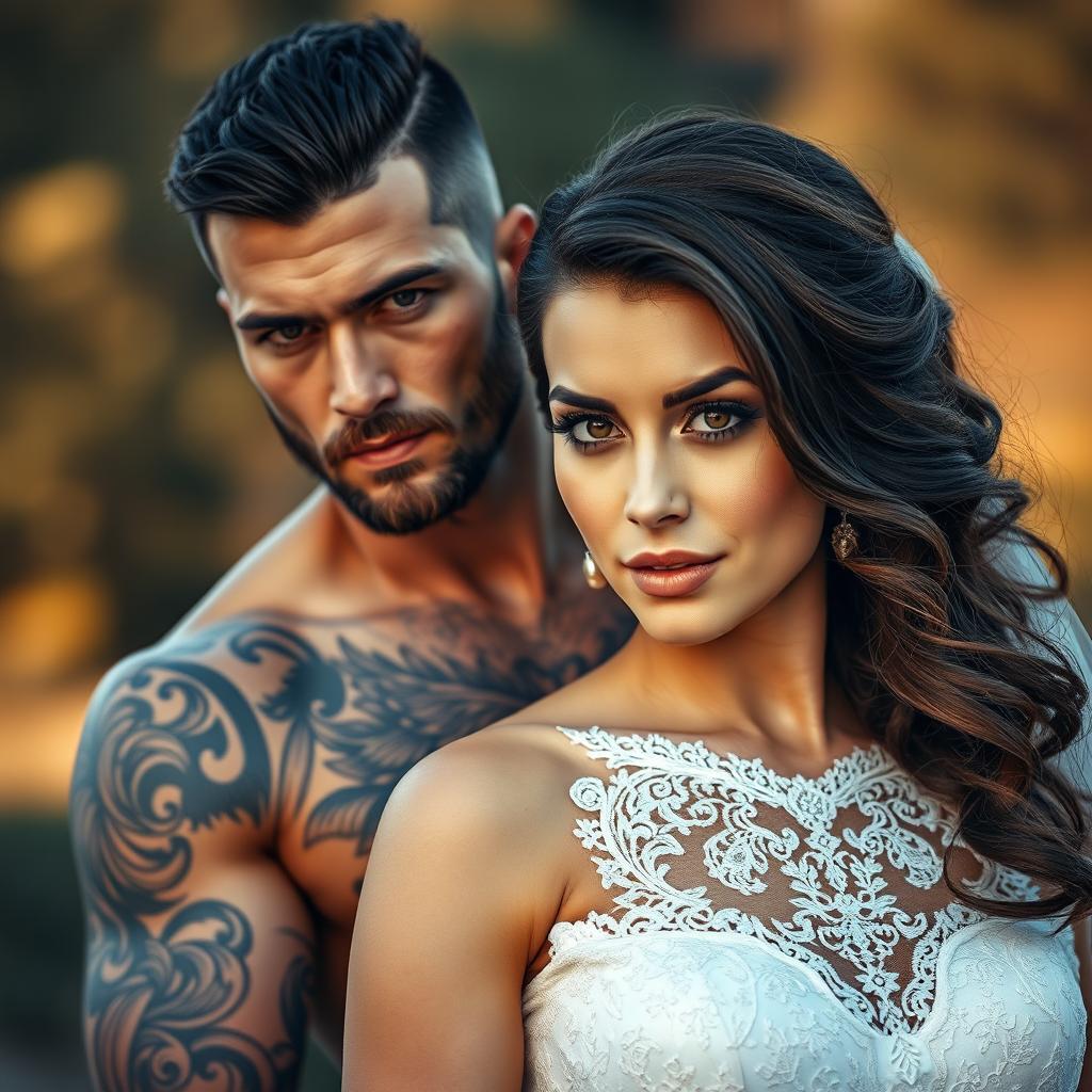 A brooding tattooed alpha male standing protectively behind a beautiful brunette bride, both looking directly at the camera with intensity