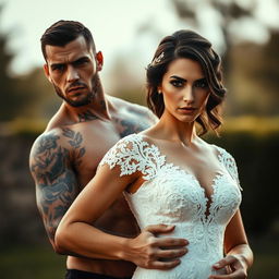 A brooding tattooed alpha male standing protectively behind a beautiful brunette bride, both looking directly at the camera with intensity