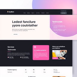 A modern web page layout design featuring a clean and minimalistic aesthetic, with a top navigation bar, a large hero image with overlay text, and sections for services, testimonials, and a call-to-action