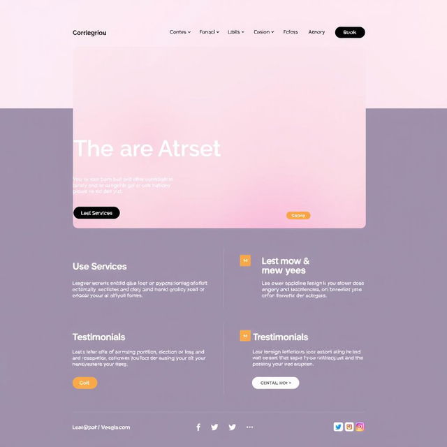 A modern web page layout design featuring a clean and minimalistic aesthetic, with a top navigation bar, a large hero image with overlay text, and sections for services, testimonials, and a call-to-action