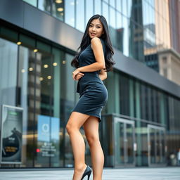 A stylish Japanese female executive assistant, 25 years old, characterized by her curvy yet petite body featuring small breasts and a small butt, complemented by a firm, skinny belly