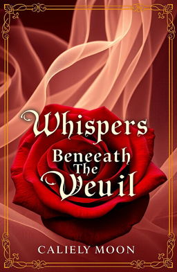 A stunning novel cover design for 'Whispers Beneath The Veil' featuring a royal rose theme