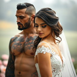 A brooding tattooed alpha male stands protectively behind a beautiful brunette bride, whose eyes are gracefully closed, embodying a serene moment of peace