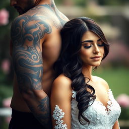 A brooding tattooed alpha male stands protectively behind a beautiful brunette bride, whose eyes are gracefully closed, embodying a serene moment of peace